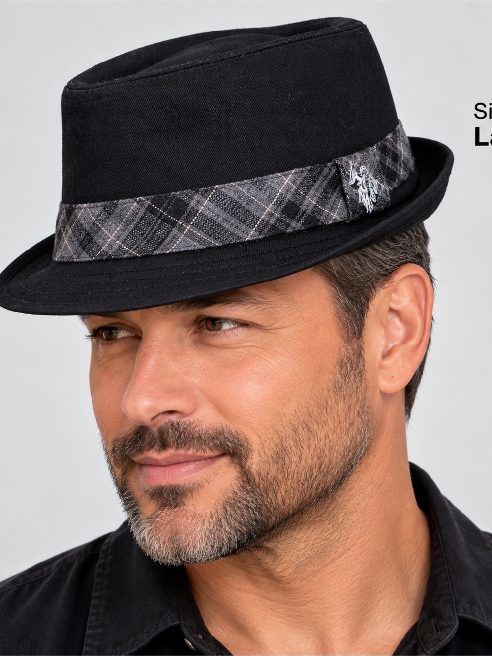 US Polo Assn Mens Black Cotton Fedora Hat with Plaid Band L XL
